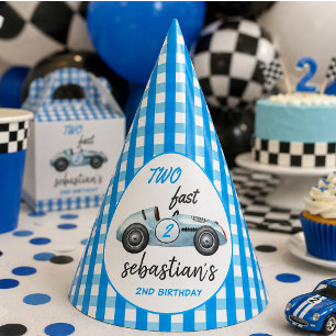Two Fast Blue Race Car 2nd Birthday Invitation Party Hat