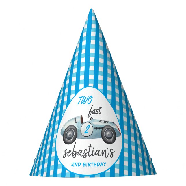 Two Fast Blue Race Car 2nd Birthday Invitation Party Hat (Front)