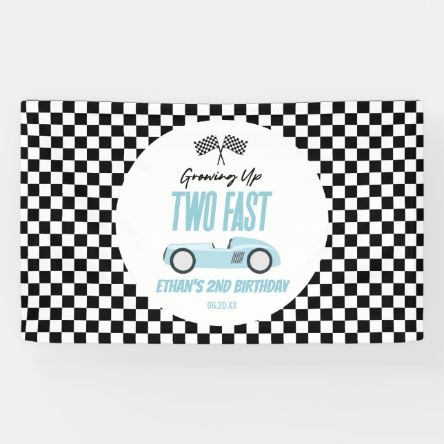 Two Fast Blue Race Car 2nd Birthday Party Banner (Horizontal)