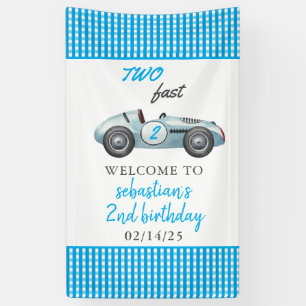 Two Fast Blue Race Car 2nd Birthday Party Banner