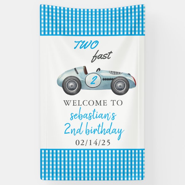 Two Fast Blue Race Car 2nd Birthday Party Banner (Vertical)