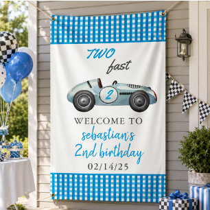 Two Fast Blue Race Car 2nd Birthday Party Banner