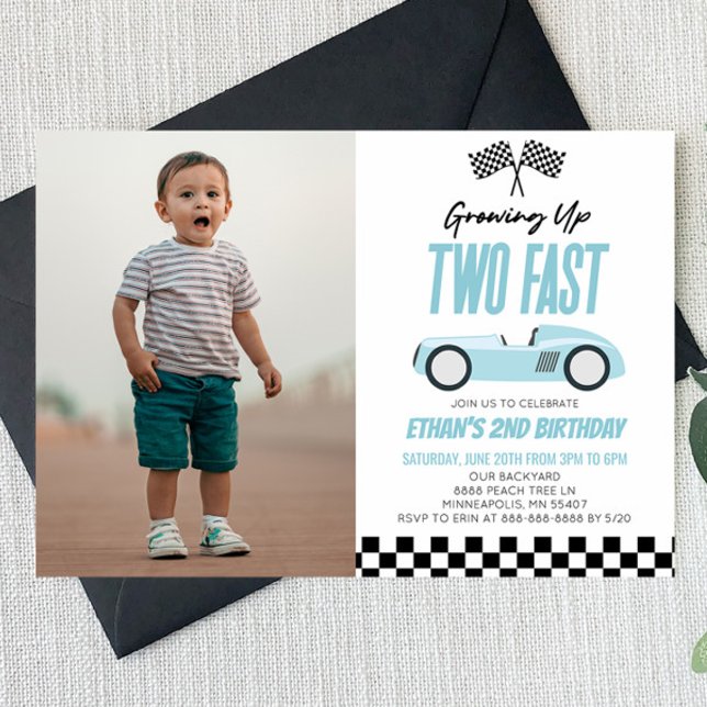 Two Fast Blue Race Car 2nd Birthday Party Invitation (Creator Uploaded)