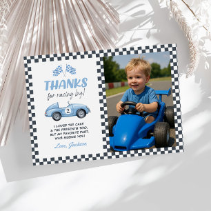 Two Fast Blue Race Car 2nd Birthday Photo Thank You Card