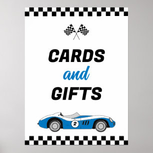 Two Fast Blue Race Car Birthday Cards And Gifts Poster