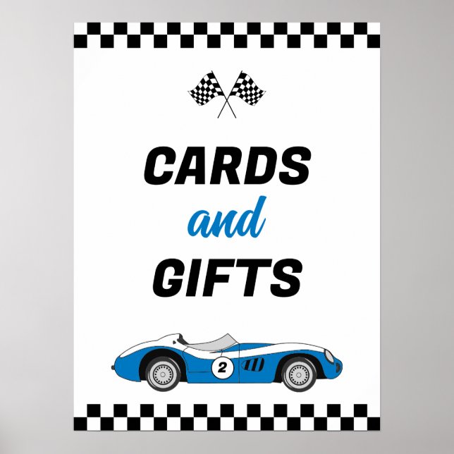 Two Fast Blue Race Car Birthday Cards And Gifts Poster (Front)