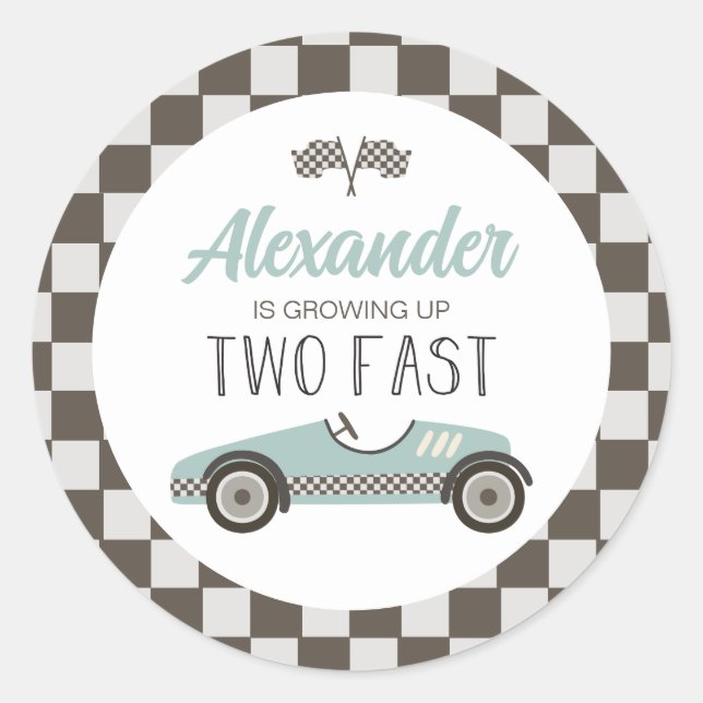 Two Fast blue Race Car Birthday Classic Round Sticker (Front)