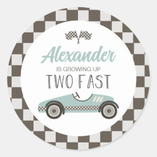 Two Fast blue Race Car Birthday Classic Round Sticker
