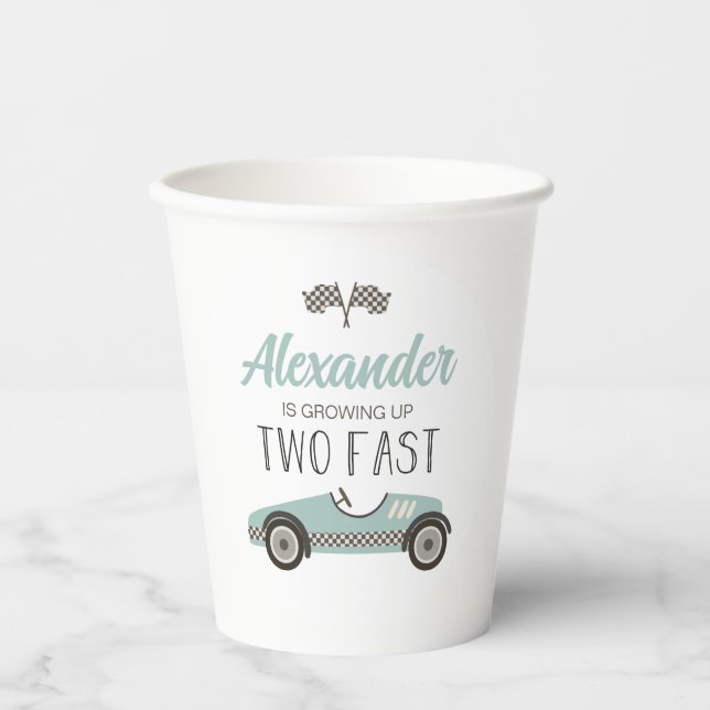 Two Fast blue Race Car Birthday Paper Cups (Front)