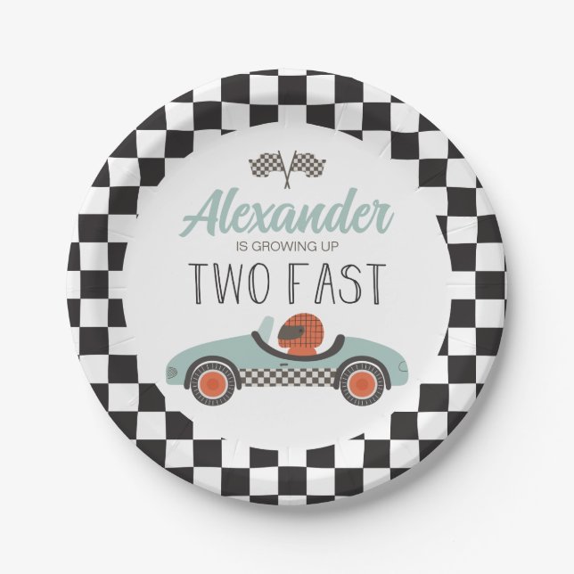 Two Fast blue Race Car Birthday Paper Plate (Front)
