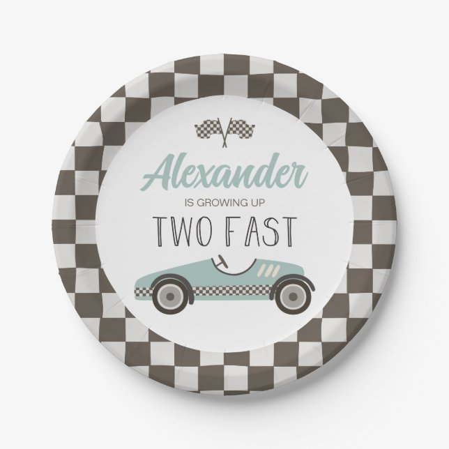Two Fast blue Race Car Birthday Paper Plates (Front)