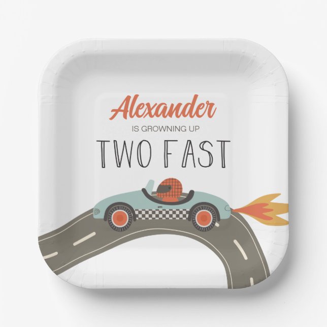 Two Fast BLUE Race Car Birthday Paper Plates (Front)