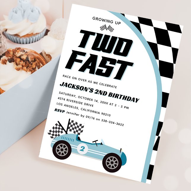 Two Fast Blue Race Car Birthday Party Invitation (Creator Uploaded)