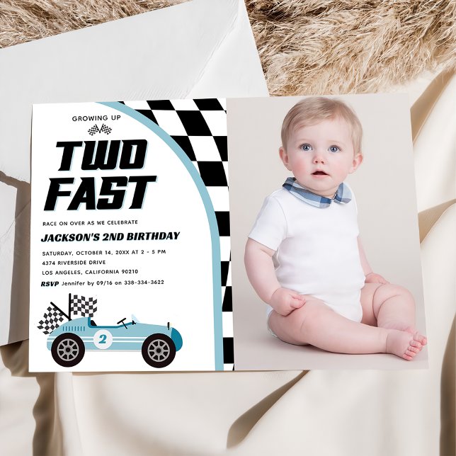 Two Fast Blue Race Car Birthday Party Photo  Invitation (Creator Uploaded)