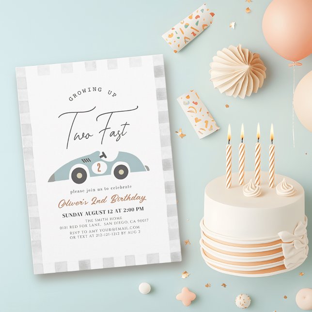 Two Fast Blue Race Car Boy 2nd Birthday Invitation (Creator Uploaded)