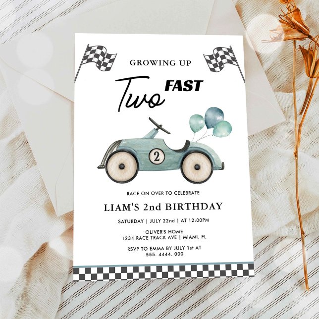 TWO Fast Blue Race Car Boys 2nd Birthday Invitation (Creator Uploaded)