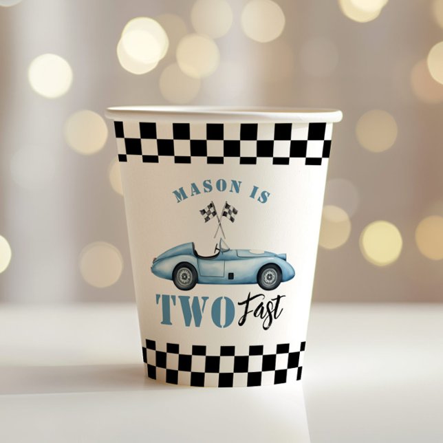 Two Fast Blue race car Kids 2nd  Birthday Paper Cups (Creator Uploaded)