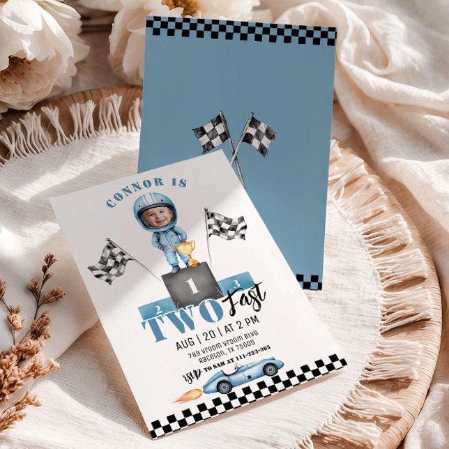 Two Fast Blue Race car Photo 2nd Birthday Invitation (Creator Uploaded)