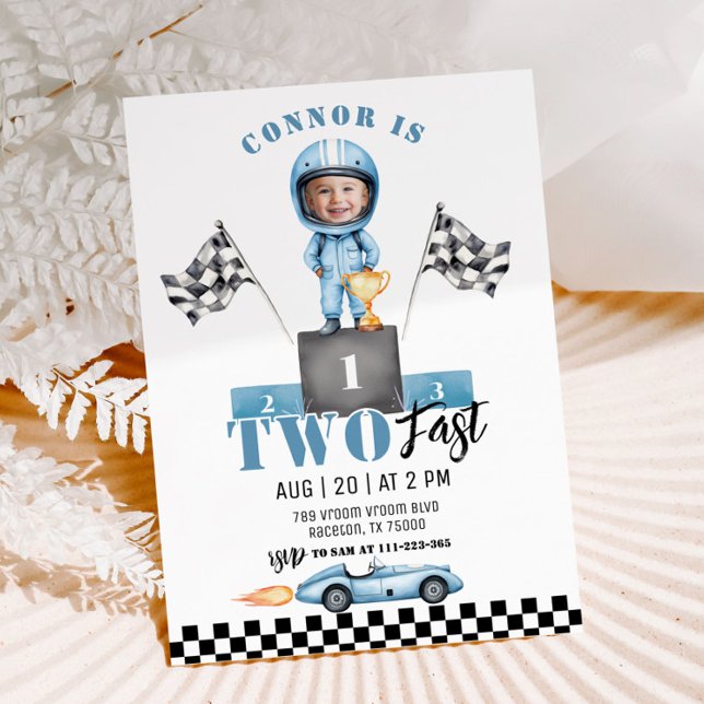 Two Fast Blue Race car Photo 2nd Birthday Invitation (Creator Uploaded)