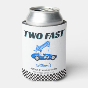 Two Fast Blue Race Car Second Birthday Can Cooler