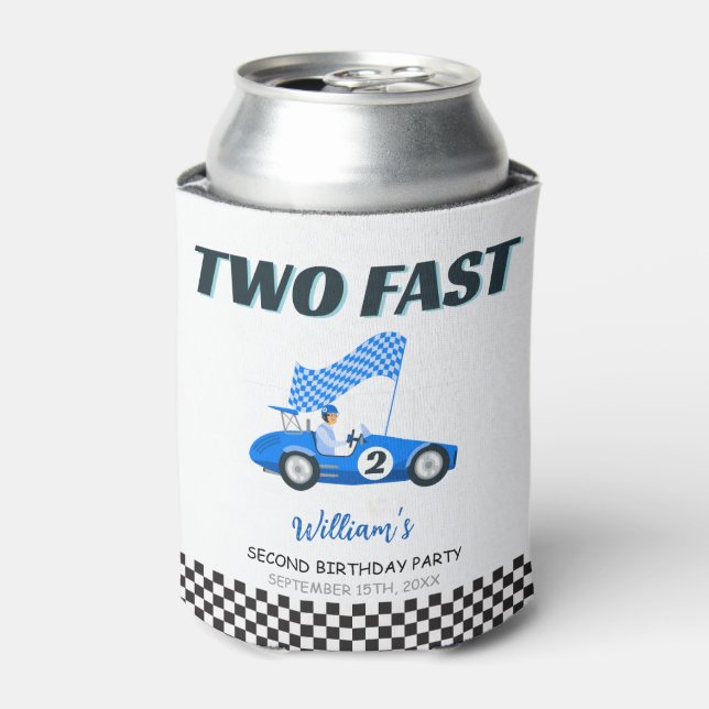 Two Fast Blue Race Car Second Birthday Can Cooler (Can Front)