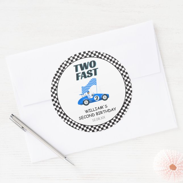 Two Fast Blue Race Car Second Birthday  Classic Round Sticker (Envelope)