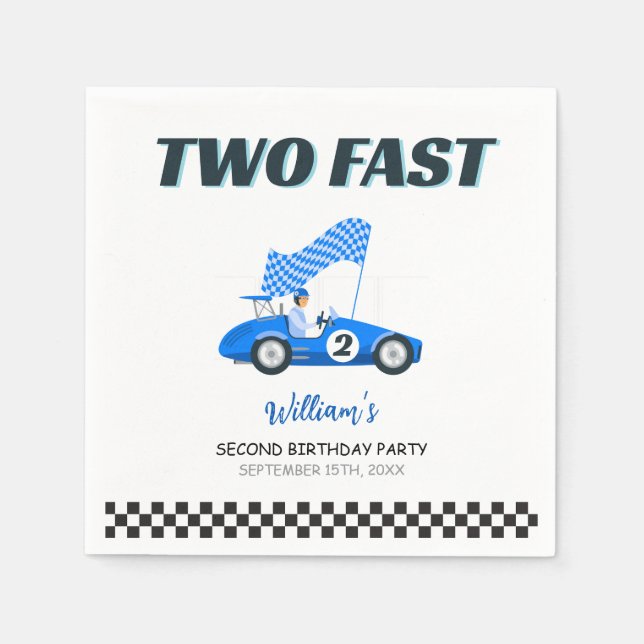 Two Fast Blue Race Car Second Birthday  Napkin (Front)