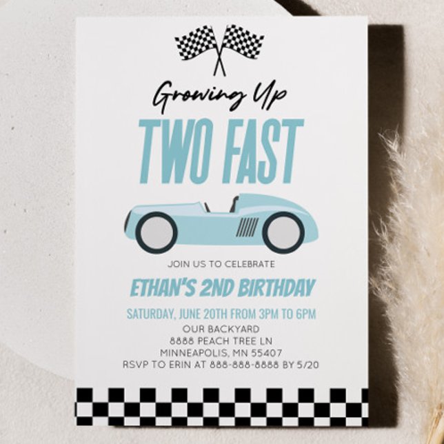 Two Fast Blue Racecar Race Car 2nd Birthday Party Invitation (Creator Uploaded)