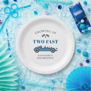 Two Fast Blue Racing Car 2nd Birthday Paper Plate