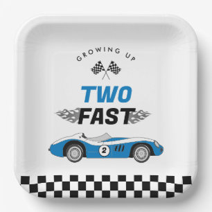 Two Fast Blue Vintage Race Car Boy Birthday Paper Plate