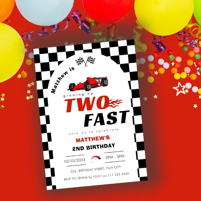 Two Fast Boy 2nd Birthday Red Racing Car Invitation (Two Fast 2nd Birthday Red Racing Car Invitation)