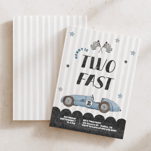 Two Fast Boys Watercolor Blue Racecar 2nd Birthday Invitation