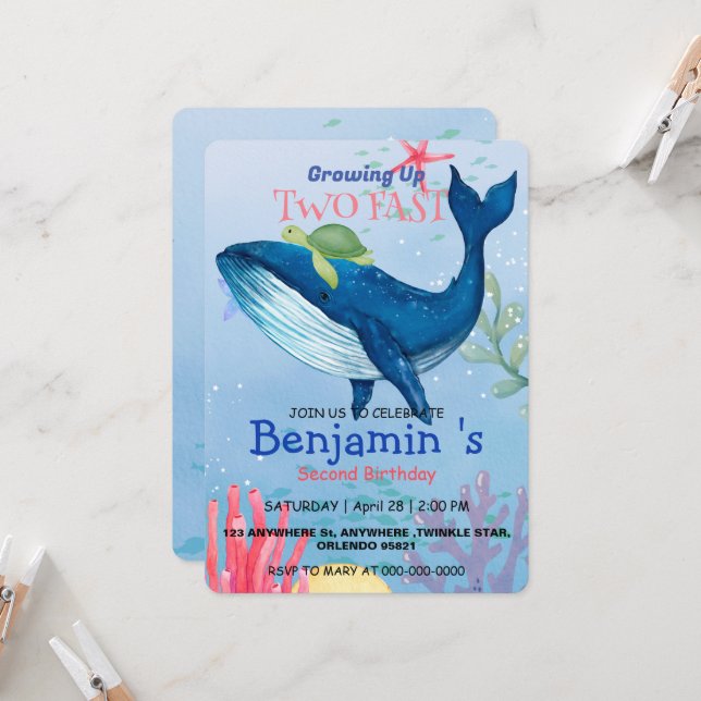 Two fast Cute Blue Sea Coral turtle Whale Birthday Invitation (Front/Back In Situ)