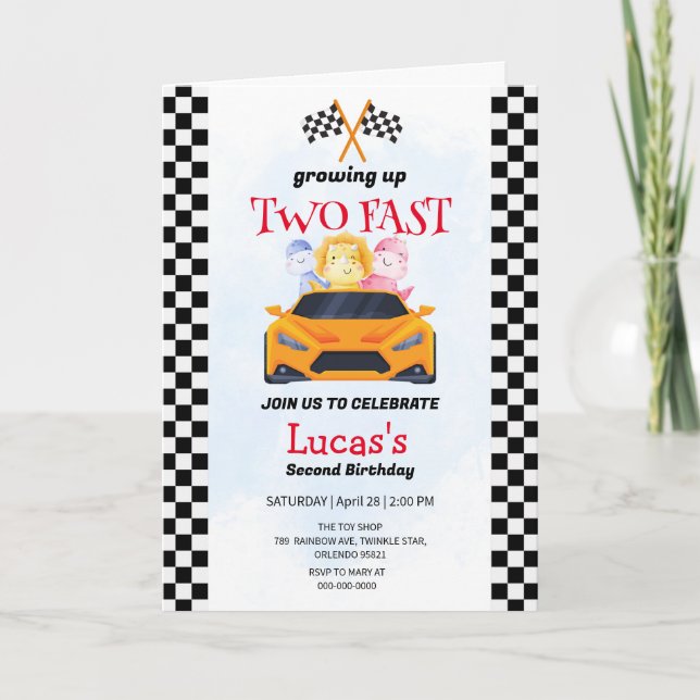 Two Fast Dinosaur Race Car 2nd Birthday Party  Invitation (Front)