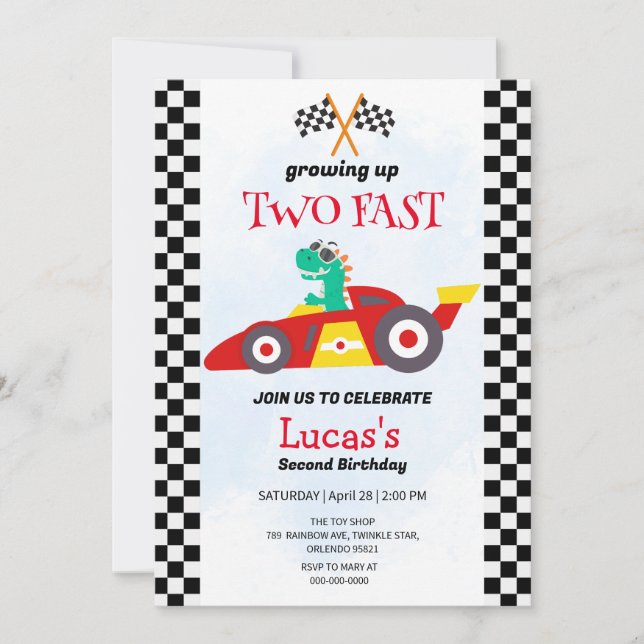 Two Fast Dinosaur Race Car 2nd Birthday Party  Invitation (Front)