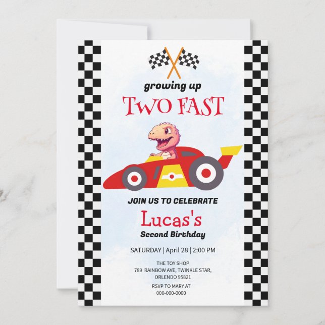 Two Fast Dinosaur Race Car 2nd Birthday Party  Invitation (Front)