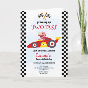 Two Fast Dinosaur Race Car 2nd Birthday Party  Invitation