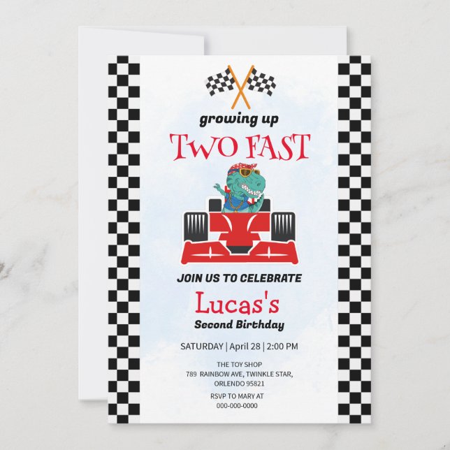 Two Fast Dinosaur Race Car 2nd Birthday Party  Invitation (Front)
