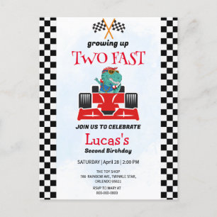 Two Fast Dinosaur Race Car 2nd Birthday Party  Postcard