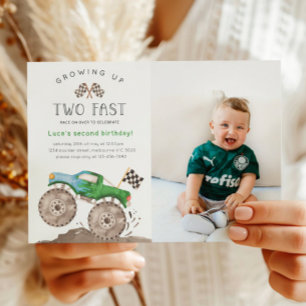 Two Fast Green Monster Truck Birthday Photo Invitation