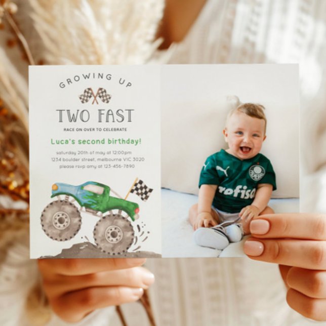 Two Fast Green Monster Truck Birthday Photo Invitation (Creator Uploaded)