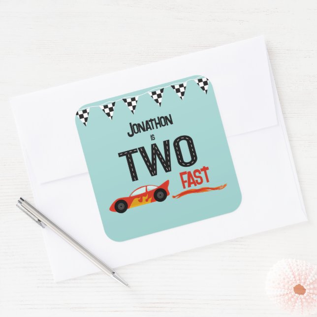 TWO fast kids racecar second birthday party Square Sticker (Envelope)