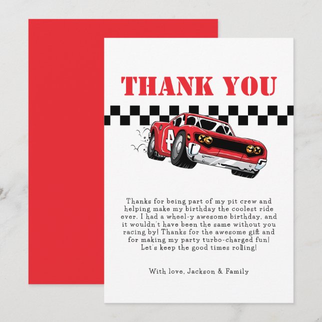 Two Fast Modern Red Race Car Boy 2nd Birthday Thank You Card (Front/Back)