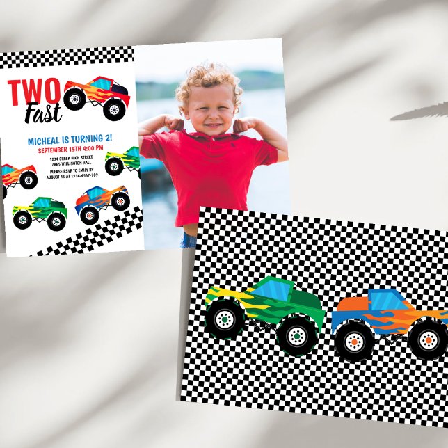 Two Fast Monster Truck Race 2nd Birthday Photo  Invitation (Creator Uploaded)