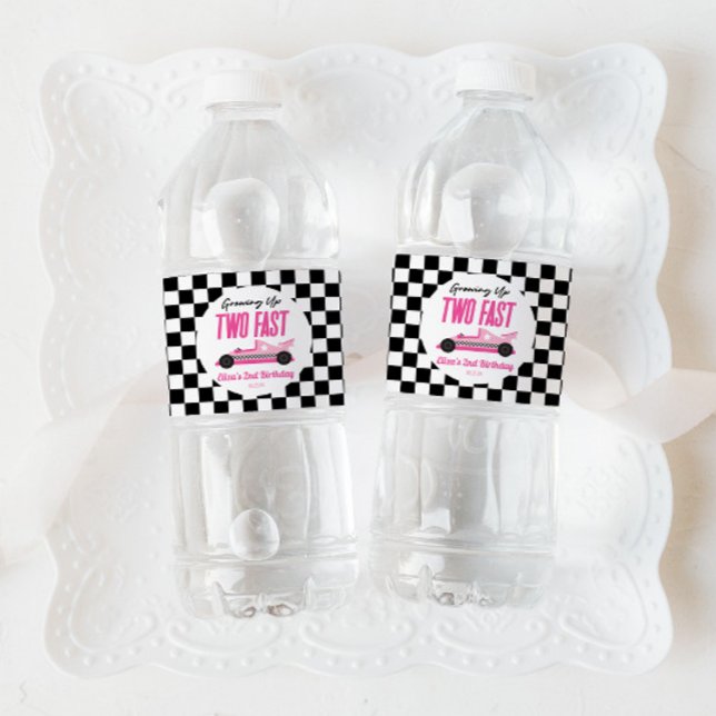 Two Fast Pink Race Car 2nd Birthday Party Water Bottle Label (Creator Uploaded)