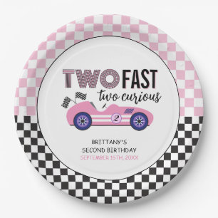 Two Fast Pink Race Car Second Birthday Paper Plate