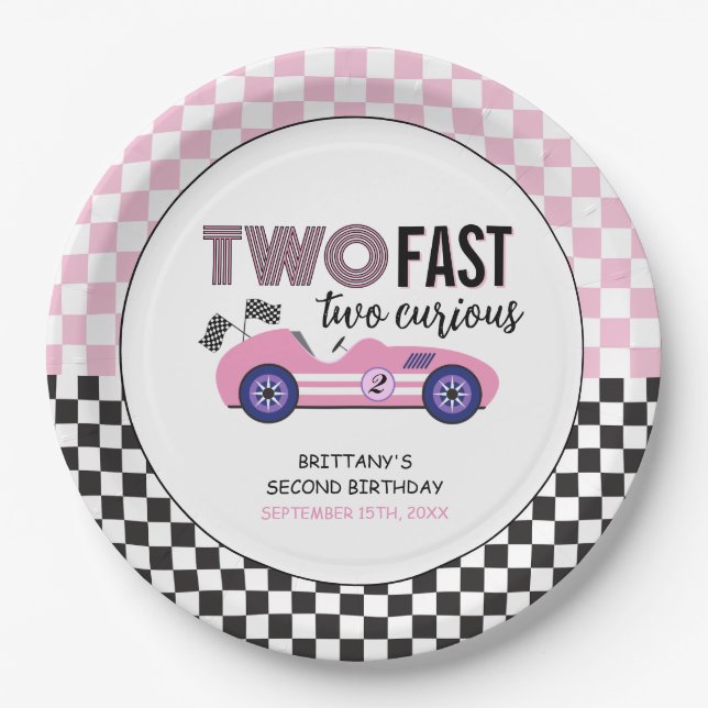 Two Fast Pink Race Car Second Birthday  Paper Plate (Front)