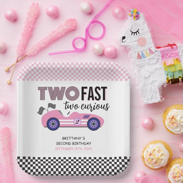 Two Fast Pink Race Car Second Birthday  Paper Plate (Party)