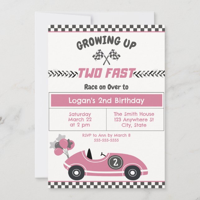 "Two Fast" Race Car 2nd Birthday Party Invitation (Front)