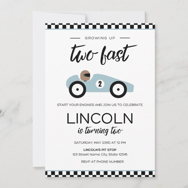 Two Fast Race Car Birthday Invitation (Front)